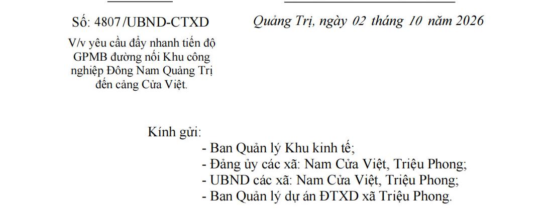 Đẩy nhanh tiến độ giải phóng mặt bằng đường nối Khu công nghiệp Đông Nam Quảng Trị đến cảng Cửa Việt