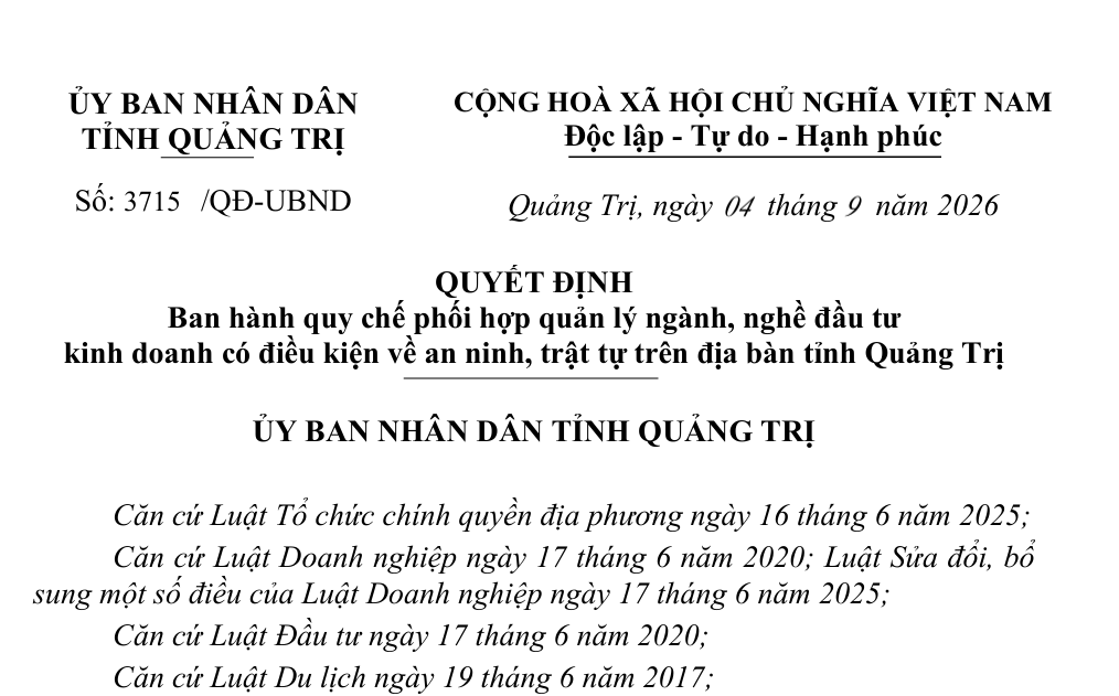 Ban hành Quy chế phối hợp quản lý ngành, nghề đầu tư kinh doanh có điều kiện về an ninh, trật tự